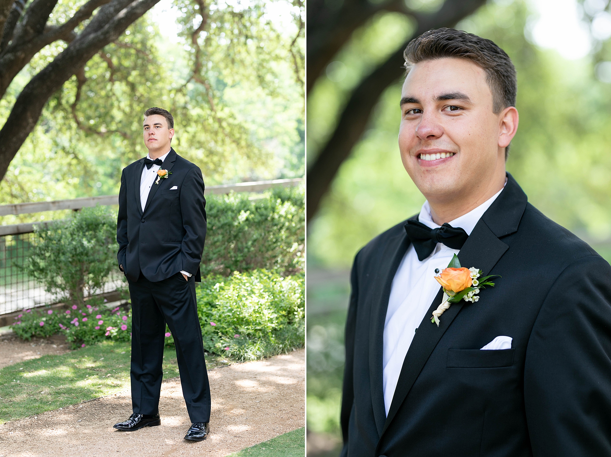 groom in black suit stands with hands in pockets during DFW wedding day