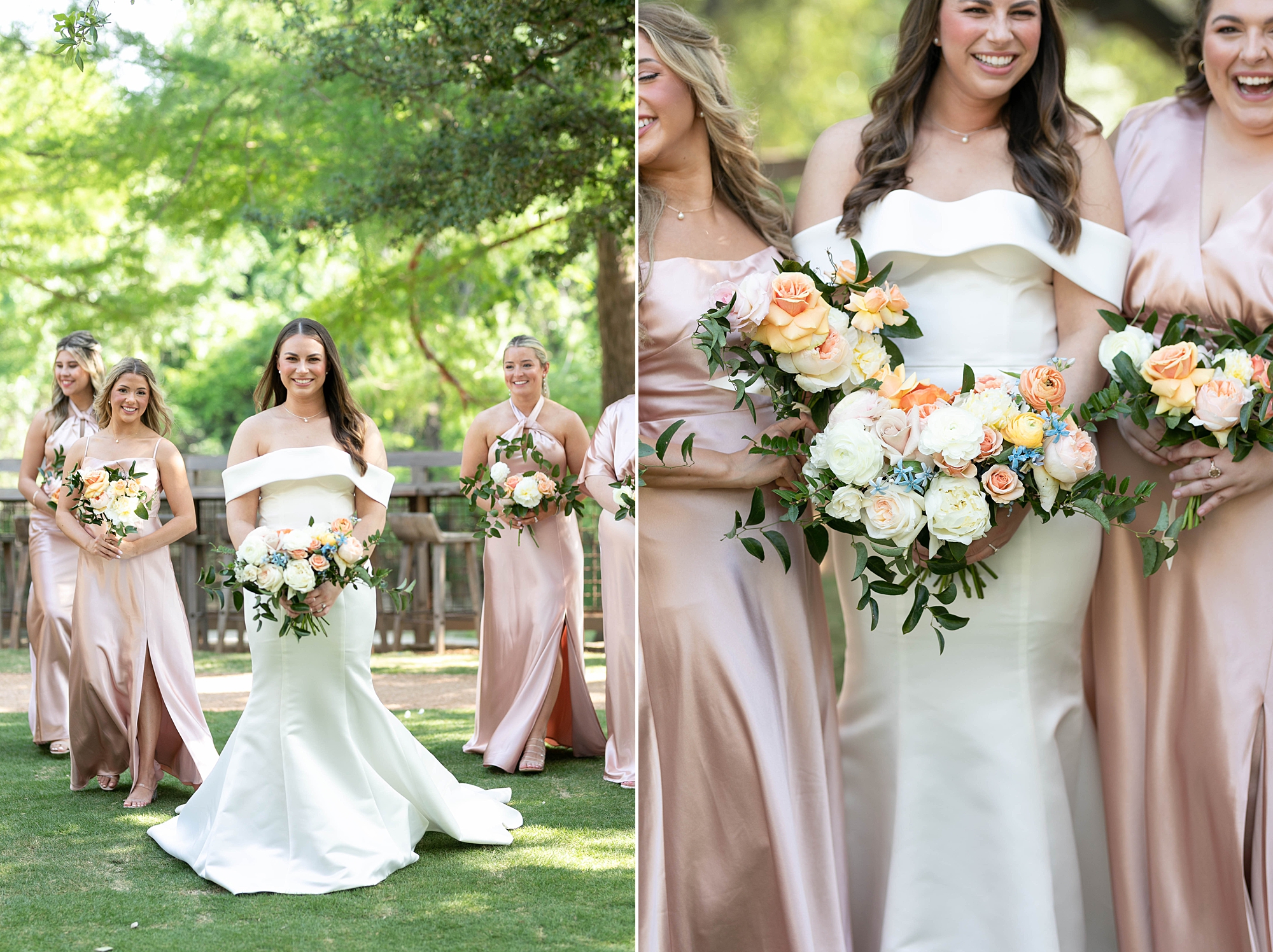 bride stands with bridesmaids holding pink and peach floral bouquets