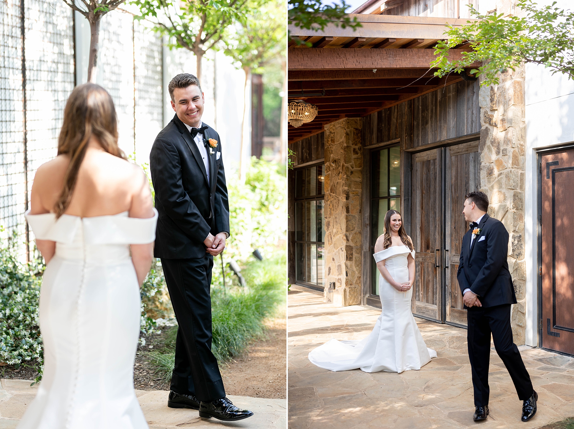groom turns to see bride during first look outside the Hotel Drover