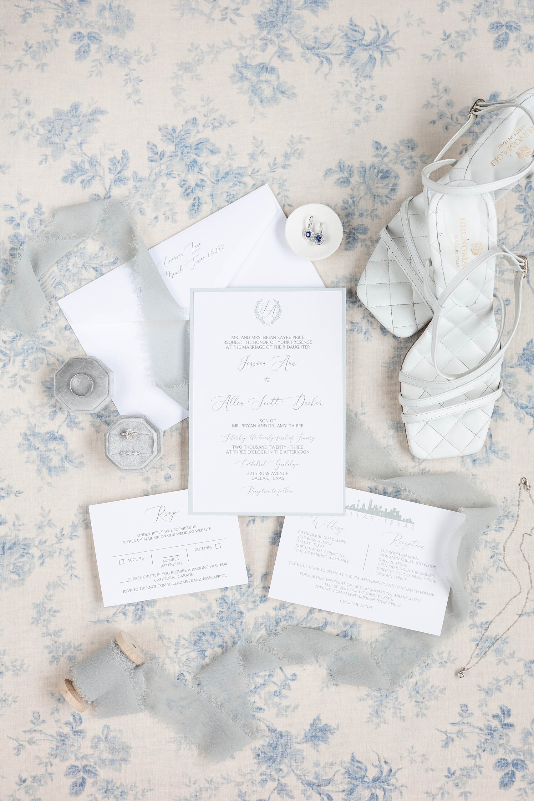 blue and white invitation suite with shoes for Dallas wedding