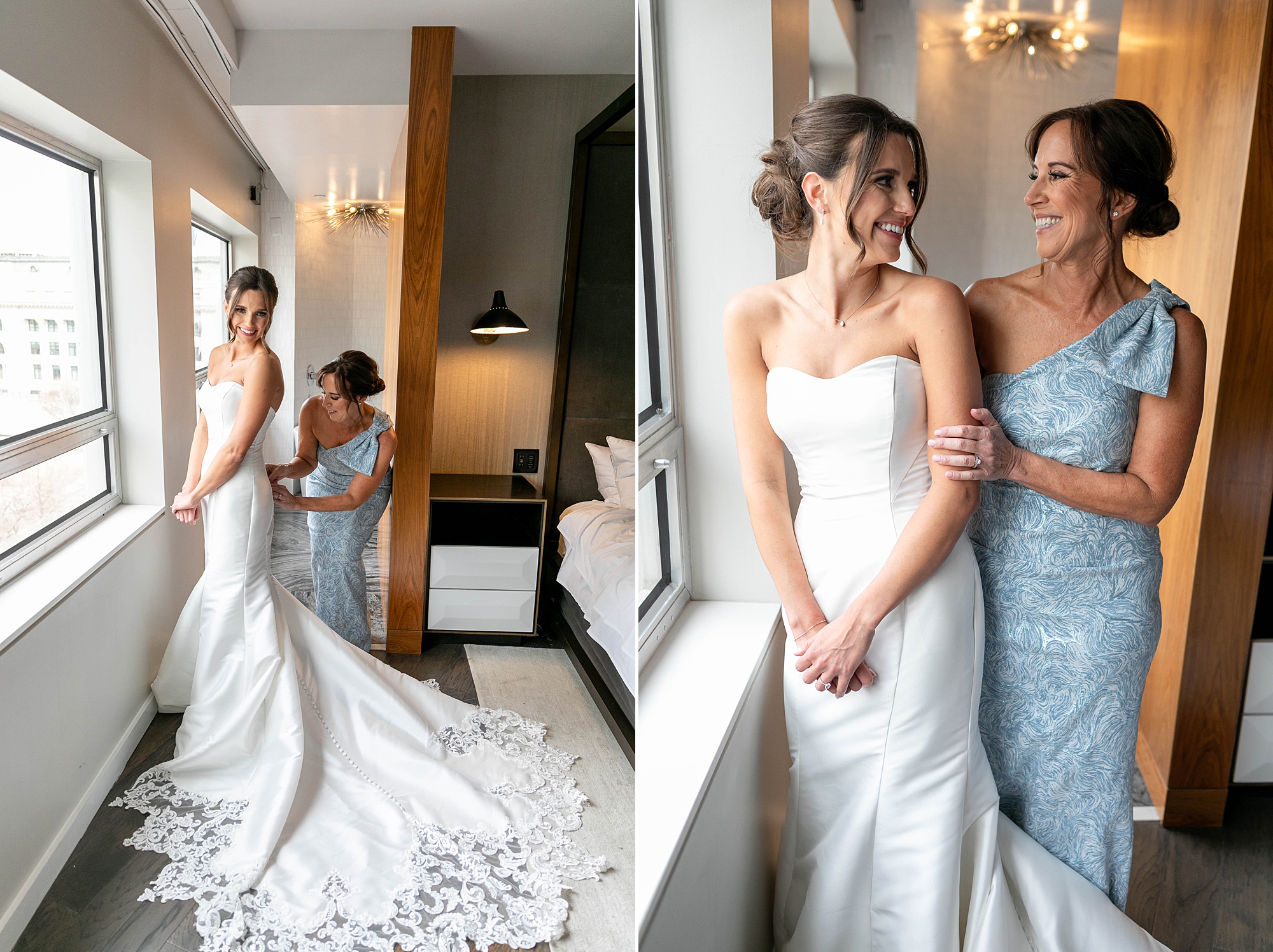 mother in blue dress helps bride into wedding dress by window in hotel room at the Statler Hotel