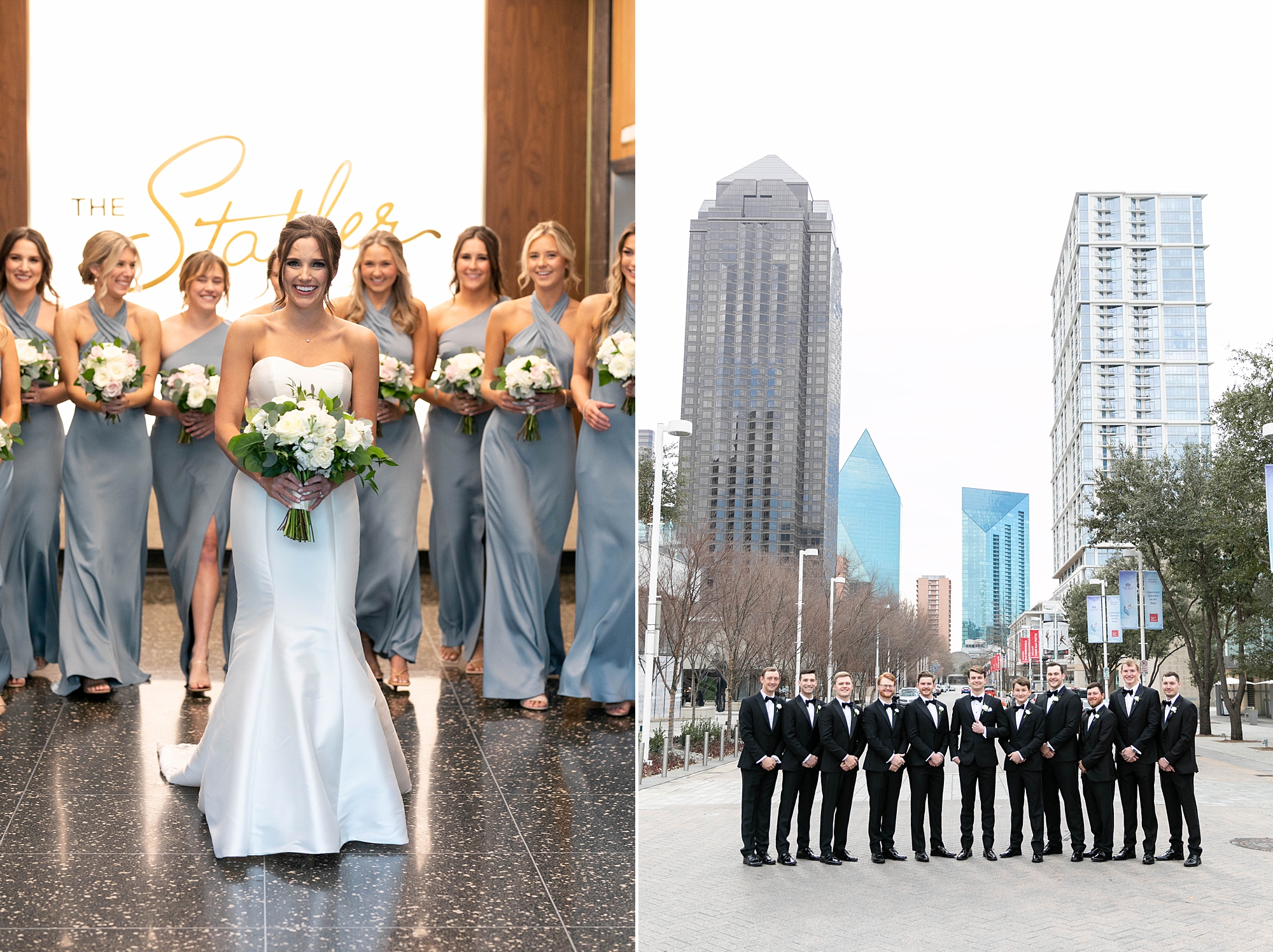 bride and groom pose near the Statler Hotel with wedding parties in Dallas TX