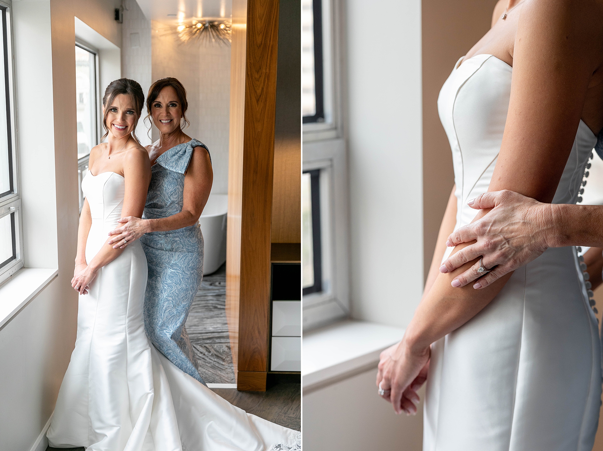 mother stands behind bride in strapless wedding gown hugging her