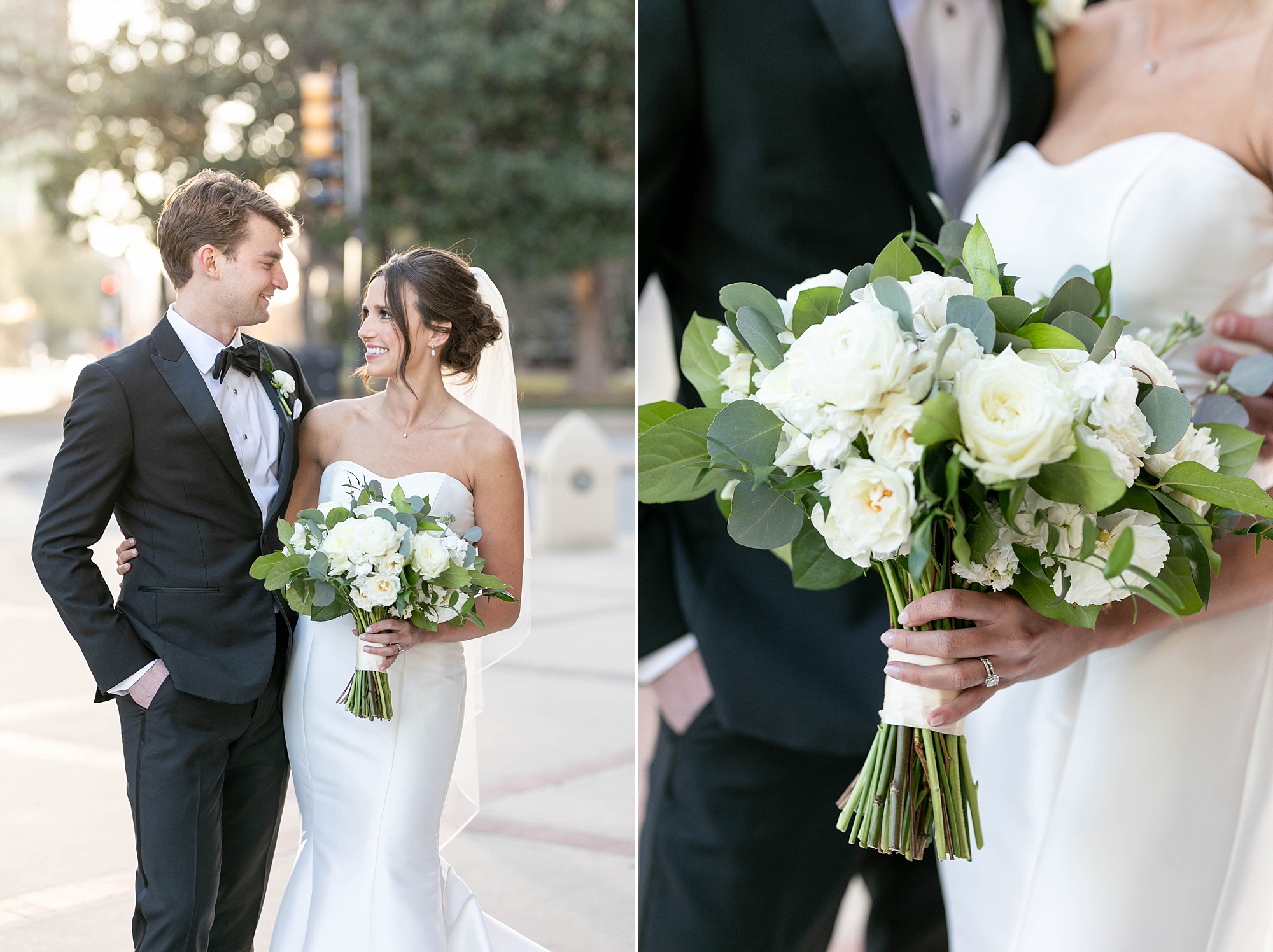 bride hugs groom in strapless wedding gown holding bouquet of white flowers 