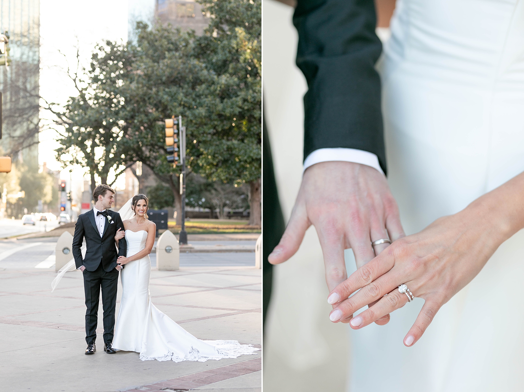 bride and groom show off wedding rings on Dallas street