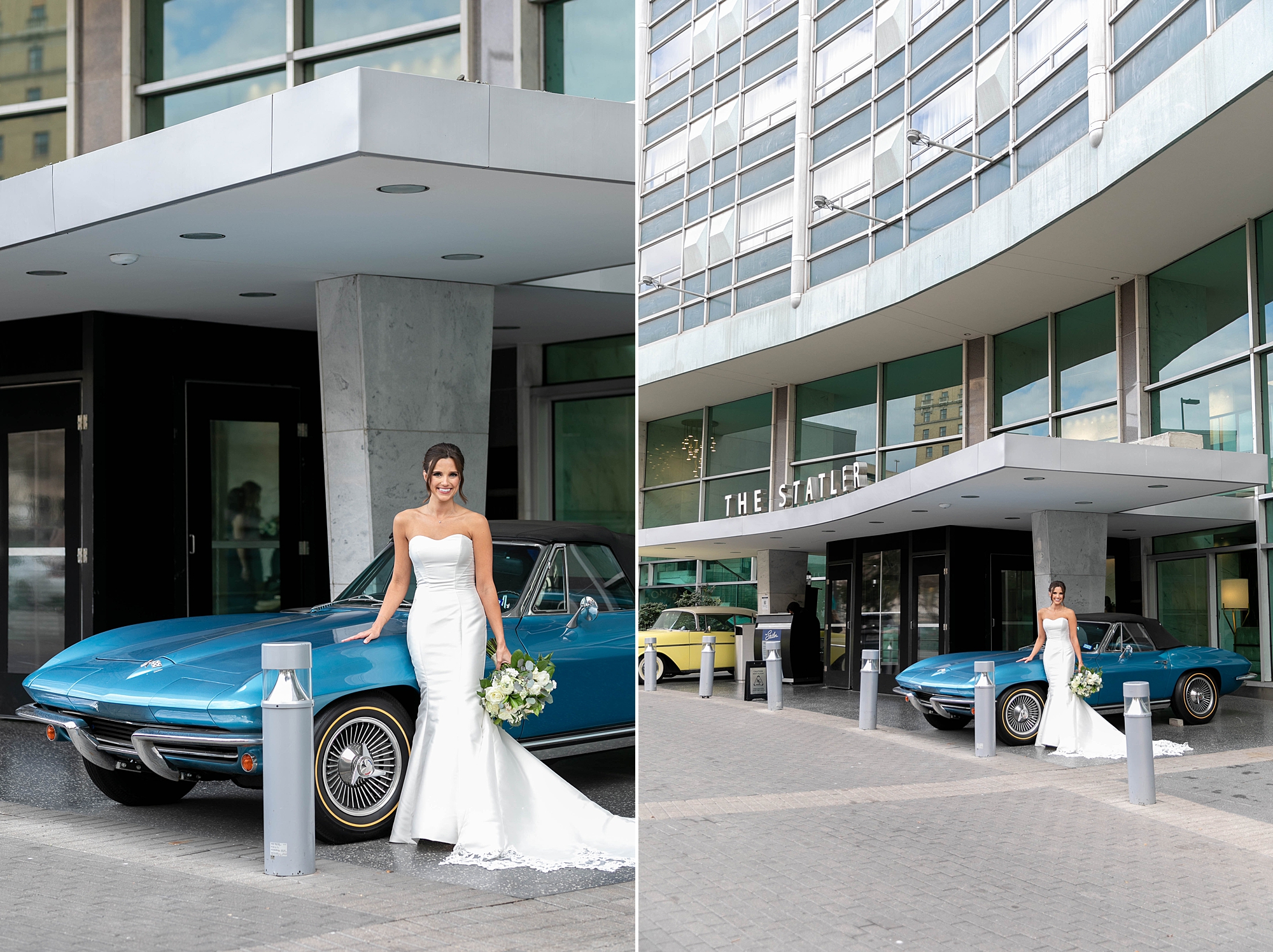 bride leans against blue classic car outside the Hotel Statler 