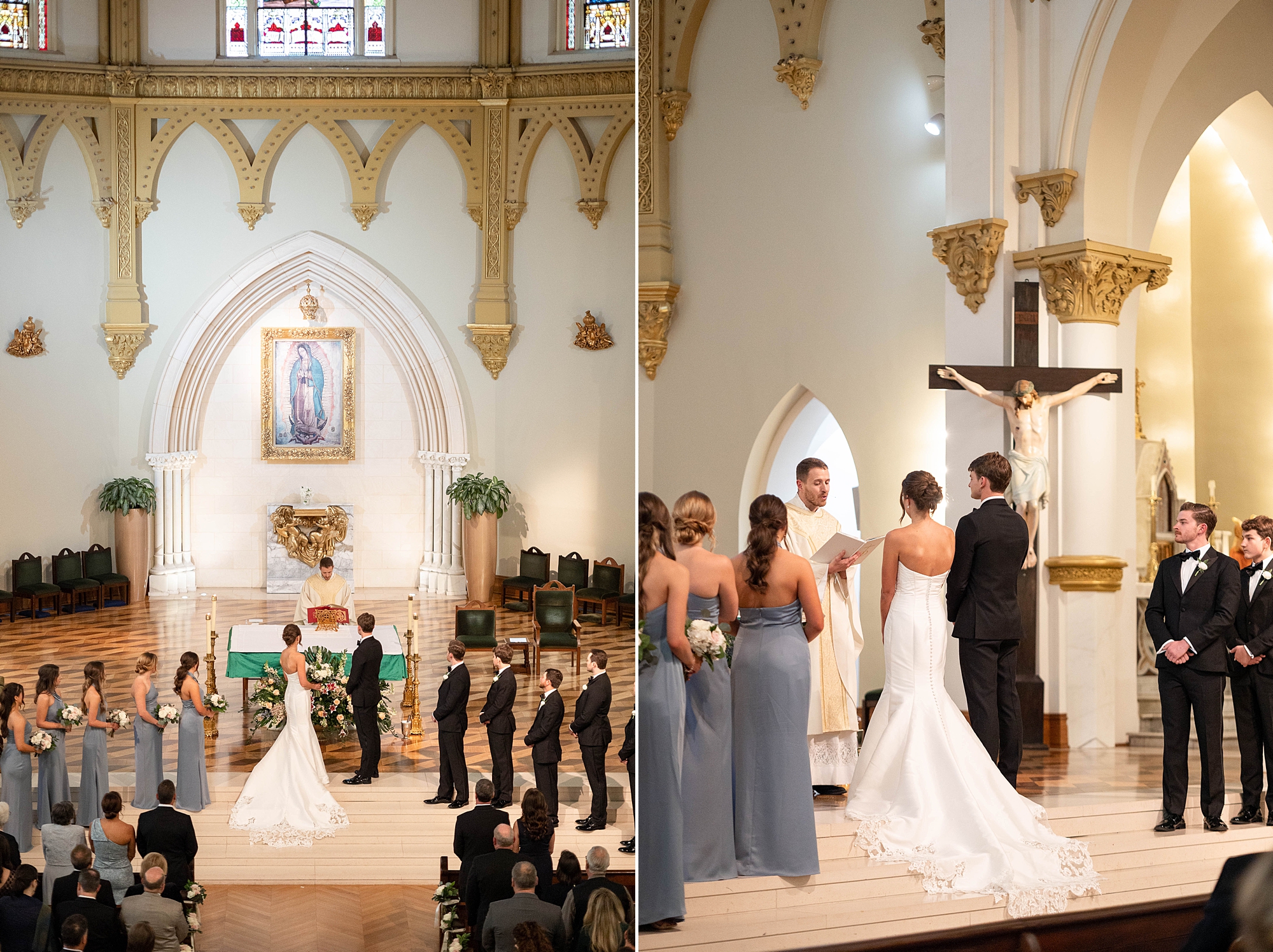 bride and groom exchange vows during Catholic Church wedding at the Cathedral Guadalupe