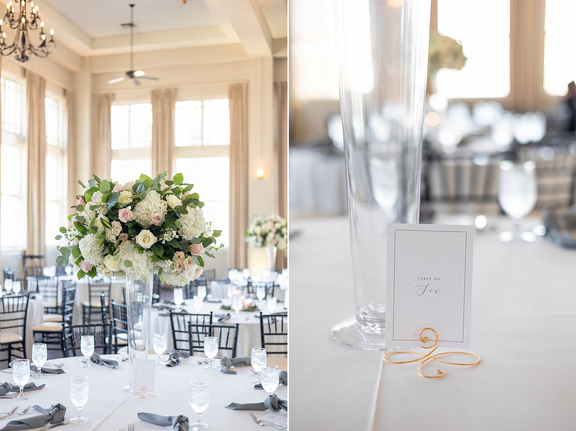 tall floral centerpieces with pastel pink and white flowers for wedding reception at the Room on Main