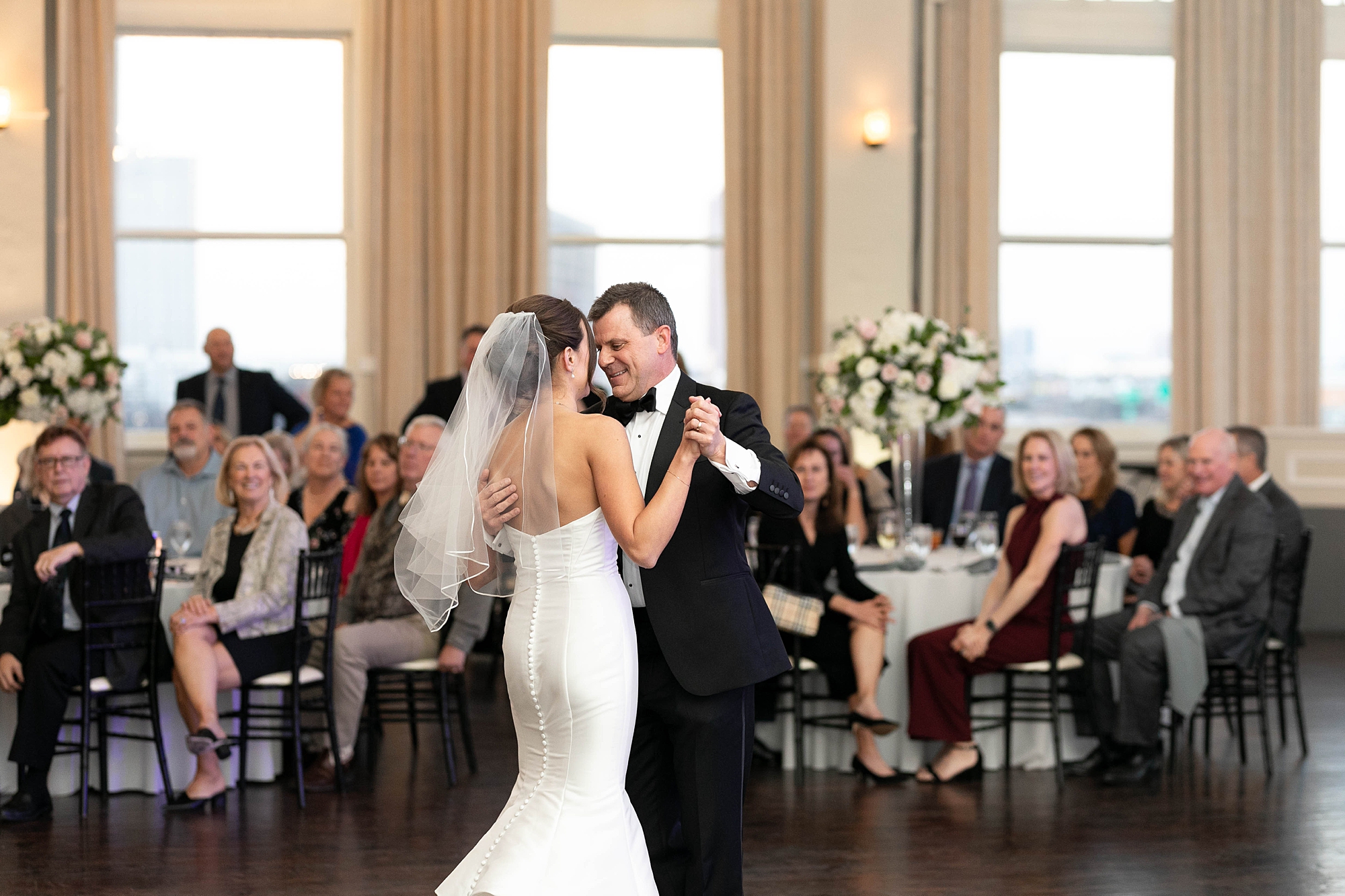 bride and dad dances during wedding reception at the Room on Main
