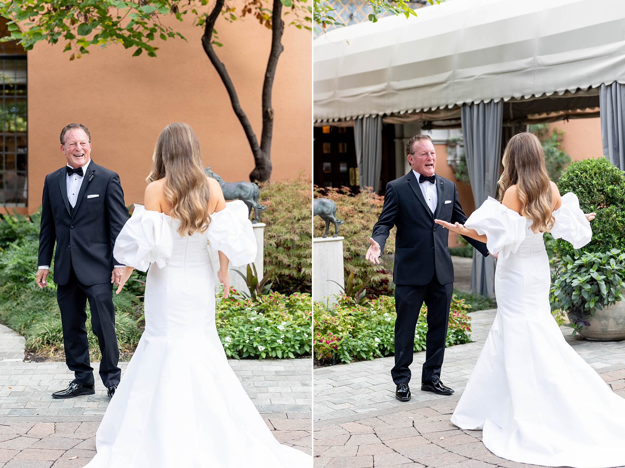 bride approaches dad for first look outside Rosewood Mansion on the patio