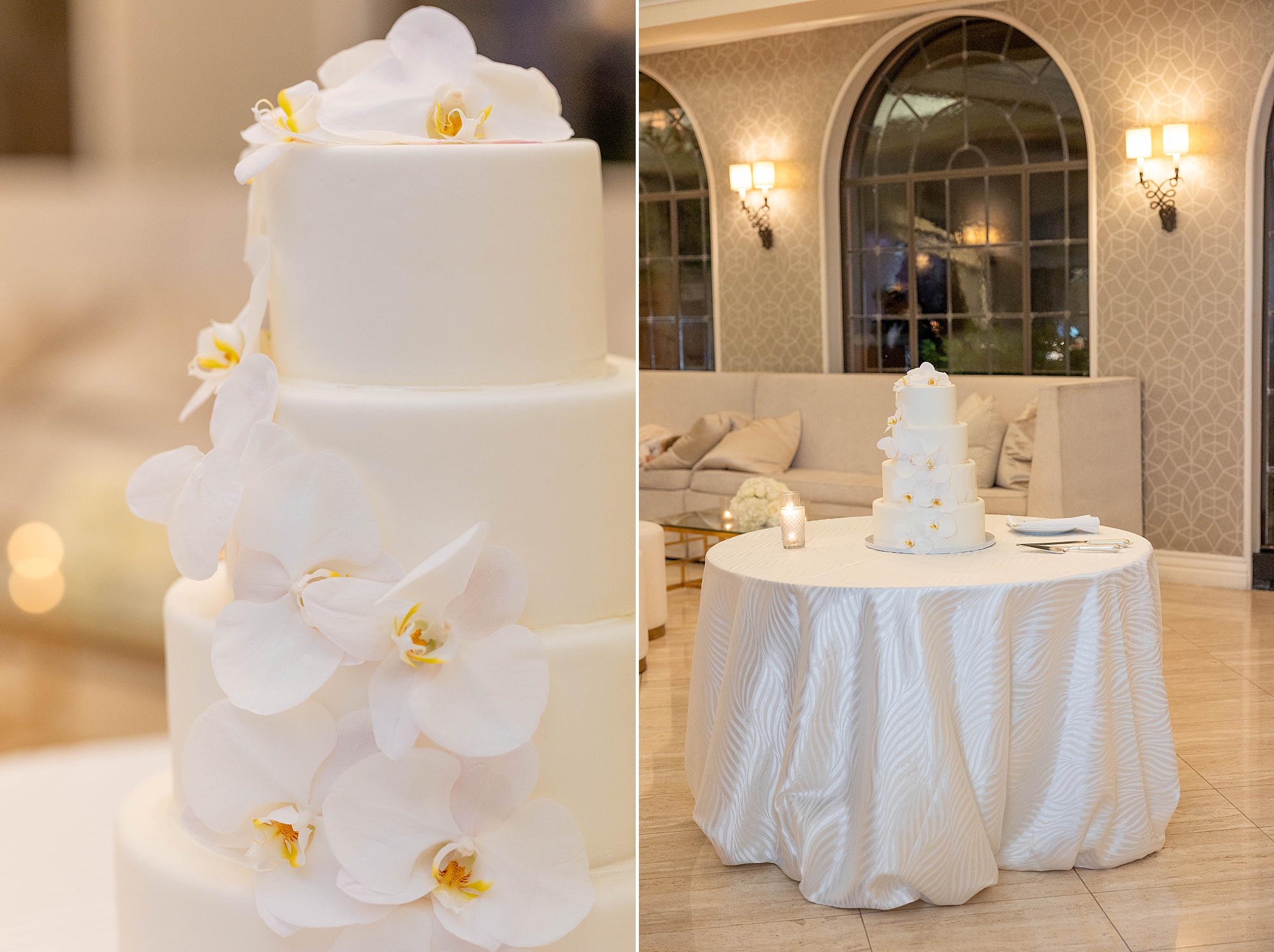tiered wedding cake with white icing and orchids on side
