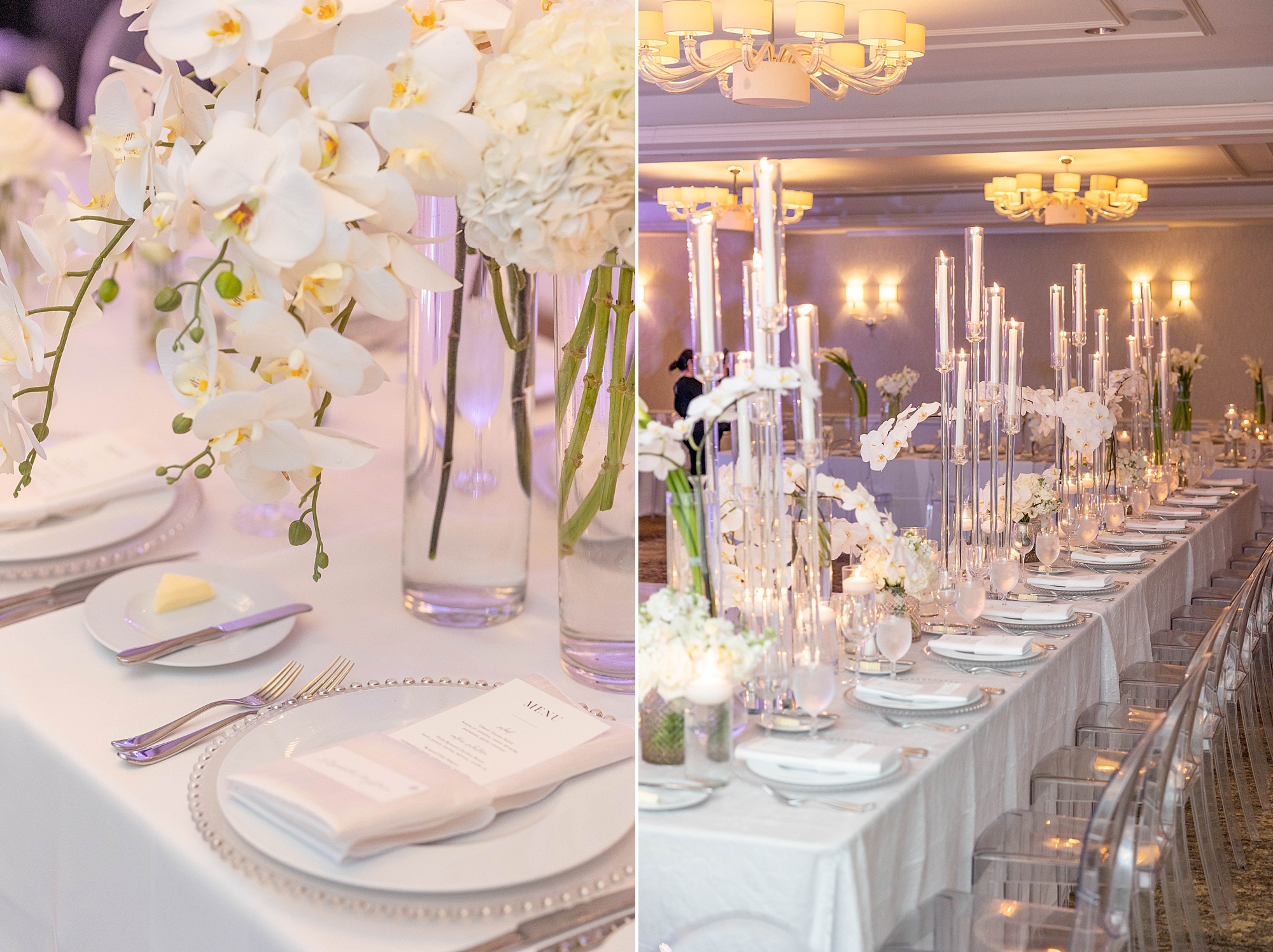 elegant wedding reception with white orchids, tapered white candles, and silver accents