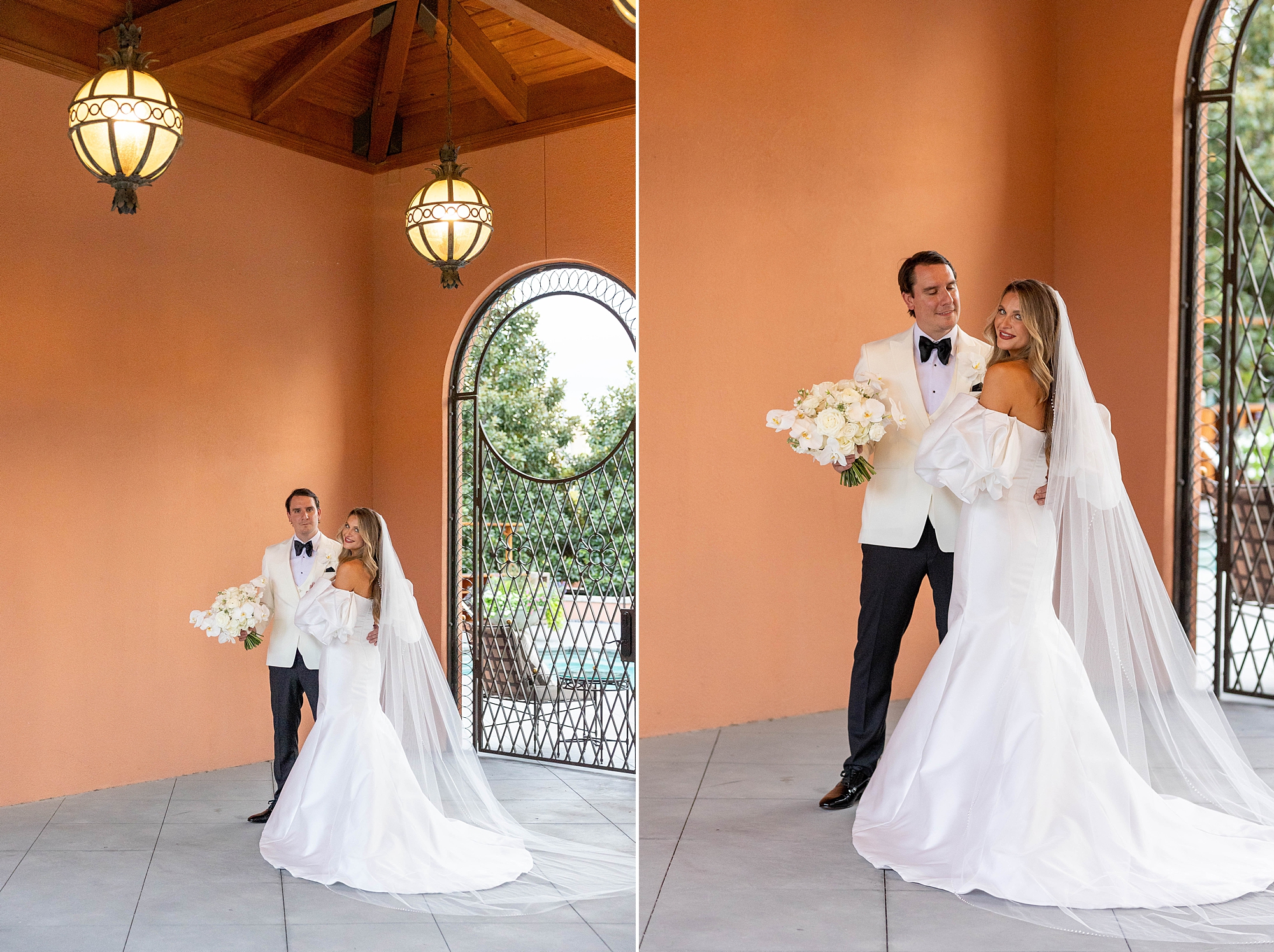 bride and groom walk through orange arches at Rosewood Mansion