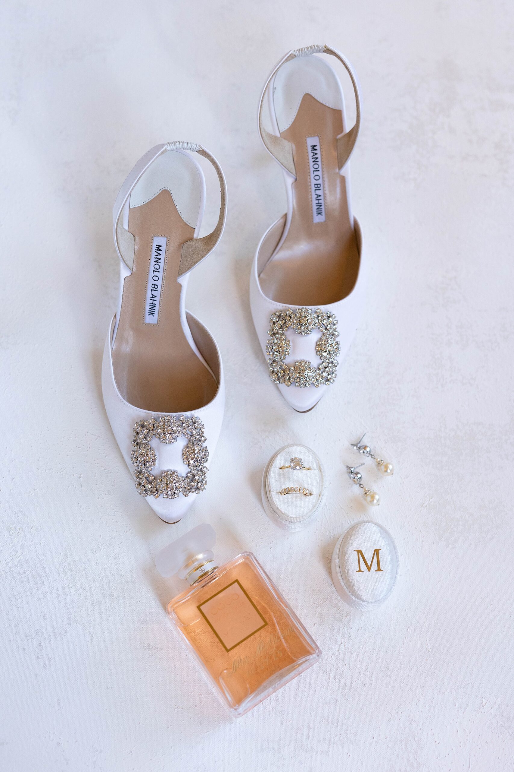 bride's white shoes and jewelry for Dallas wedding