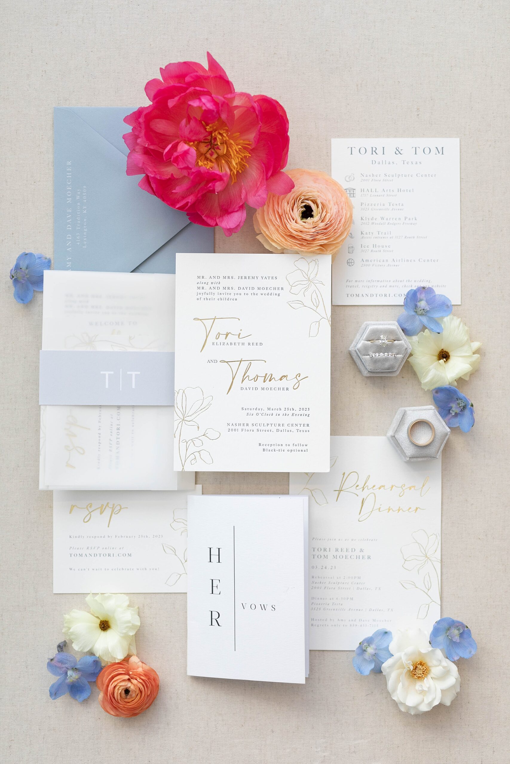blue and white invitation suite for springtime Wedding at the Nasher Sculpture Center