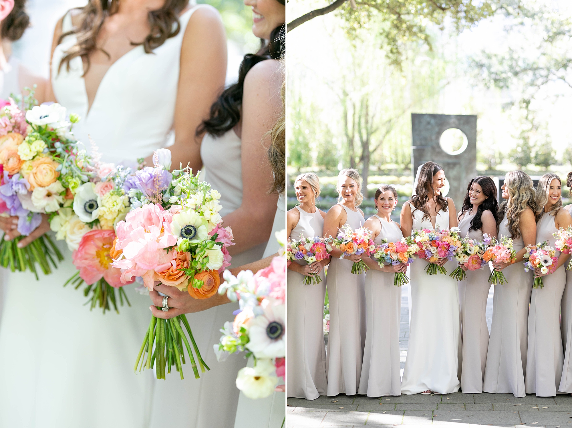 bride holds bouquet of bright flowers and anemones at the Nasher Sculpture Center