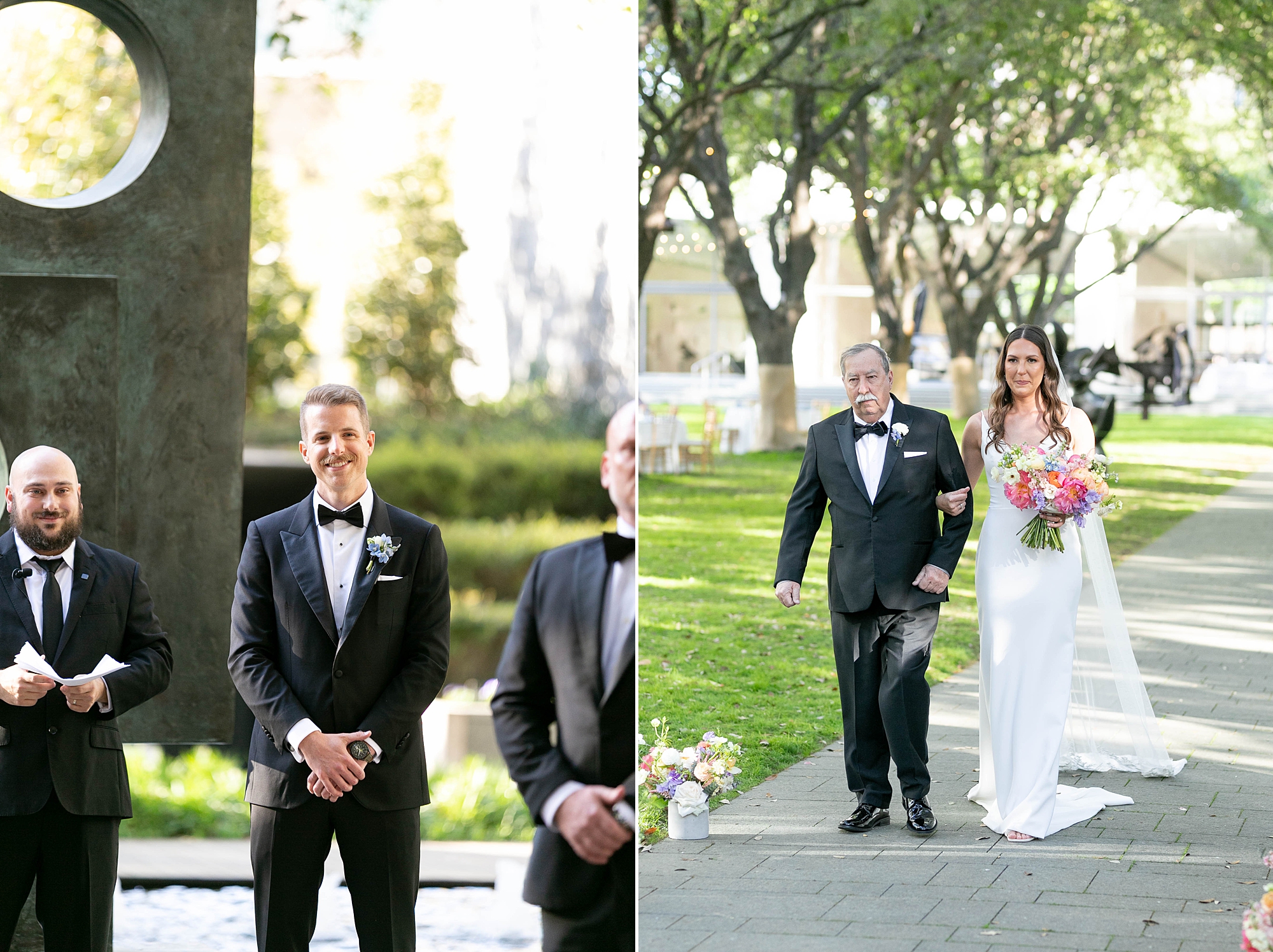 groom watches bride walk down aisle with father for ceremony inside the Nasher Sculpture Center