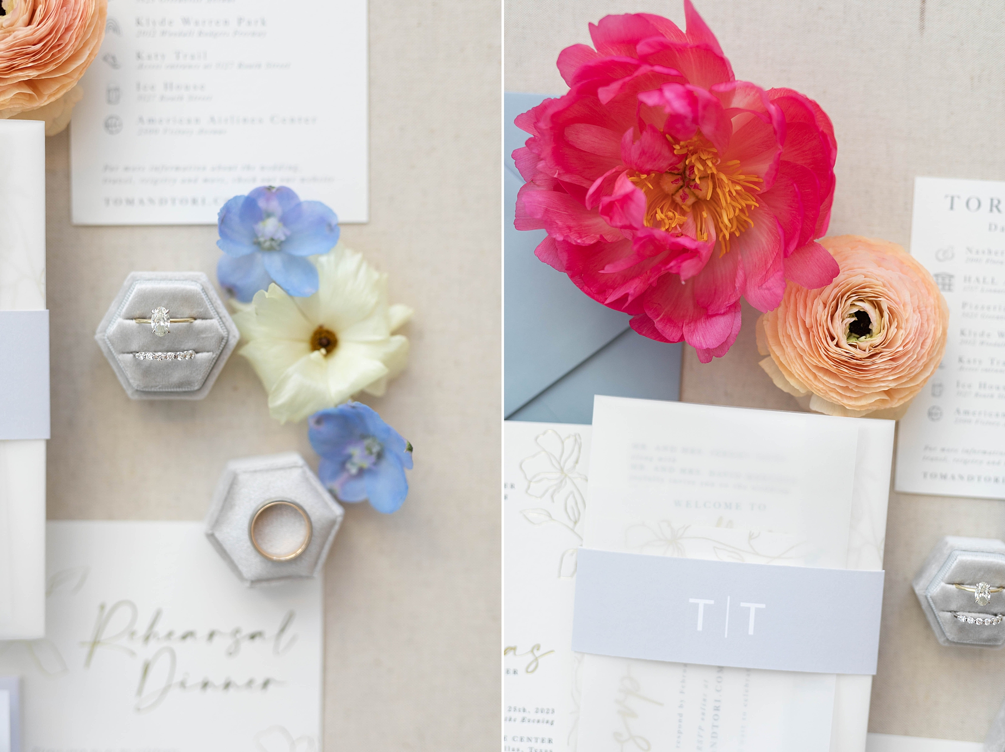 blue and white stationery with bright loose florals 
