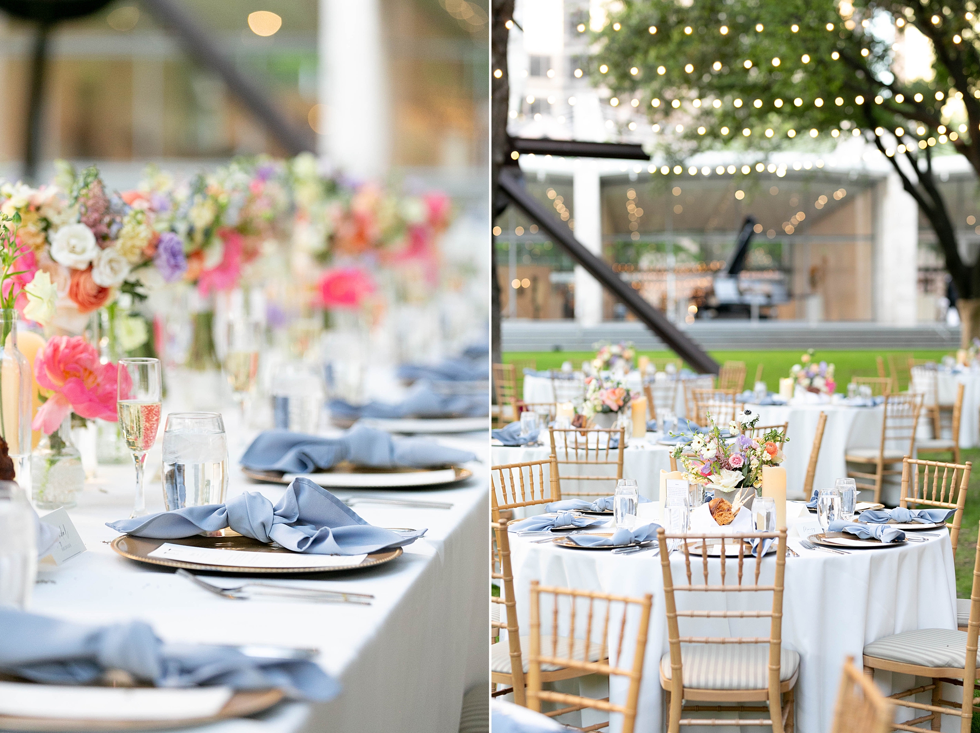 al fresco reception at the Nasher Sculpture Center with blue napkins and bright floral centerpieces 