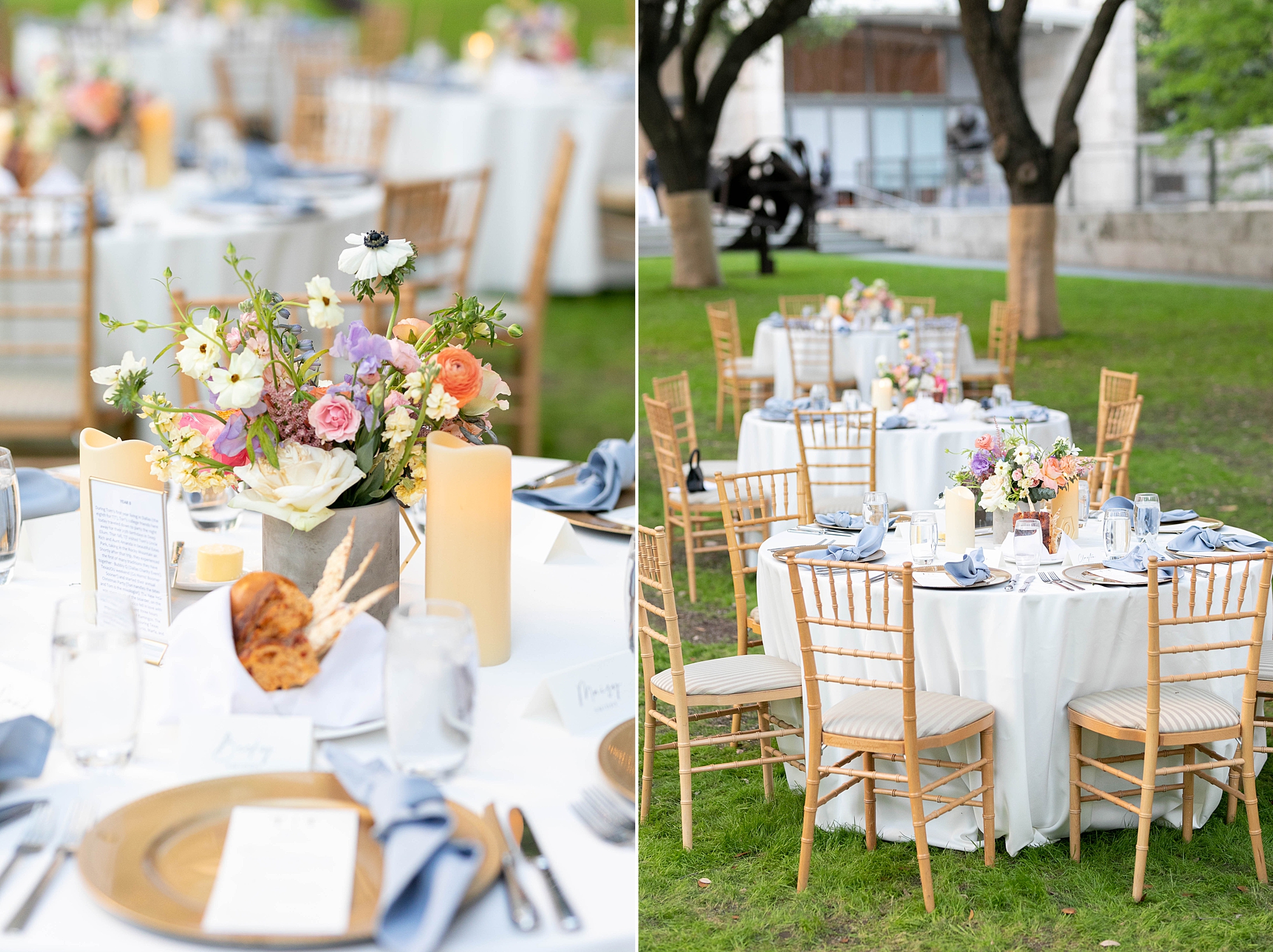 summer wedding reception at the Nasher Sculpture Center with bright floral centerpieces and blue napkins 