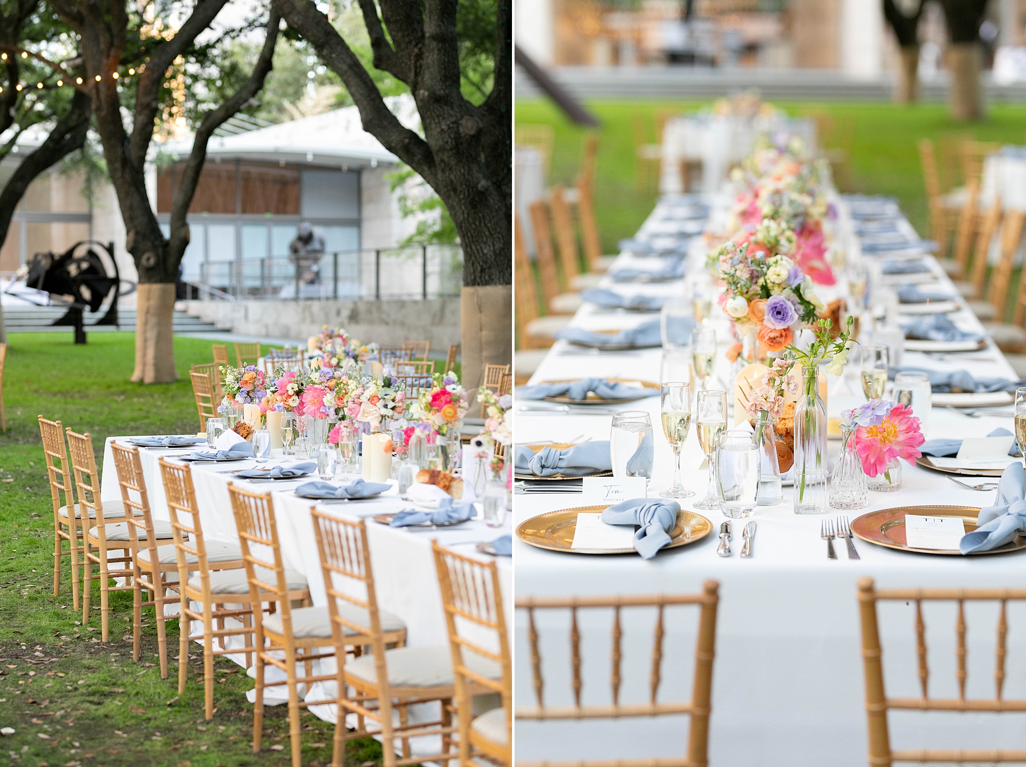 long family style tables for al fresco wedding reception the Nasher Sculpture Center