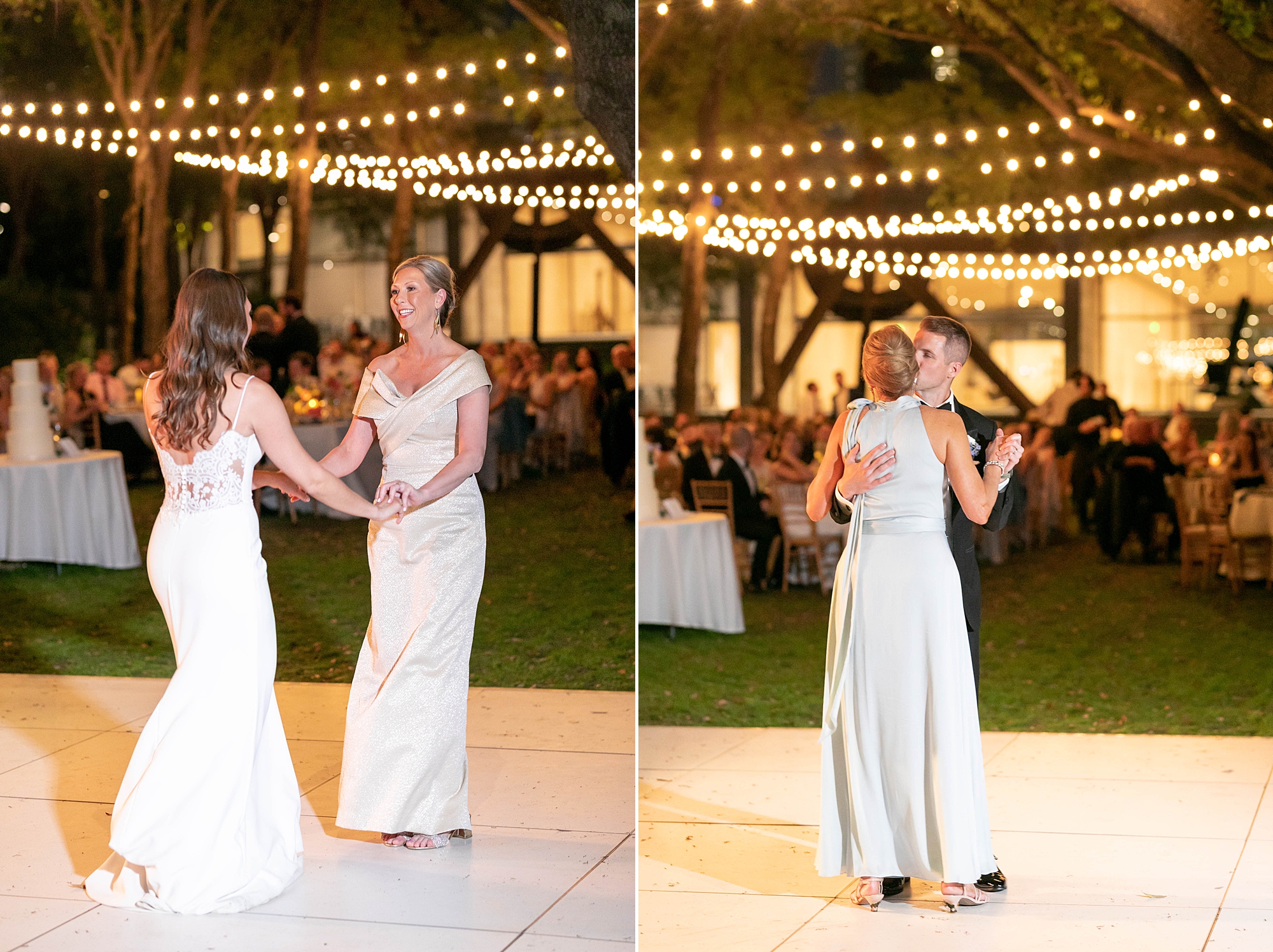 bride dances with mother during outdoor Dallas wedding reception 