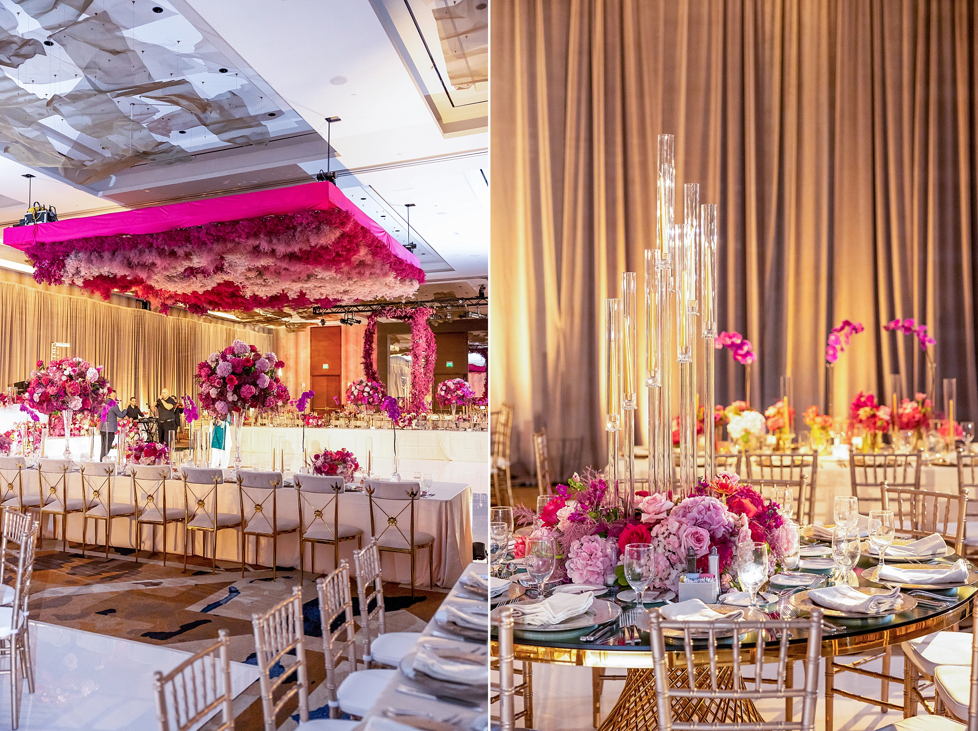 wedding reception with pink flowers on table 