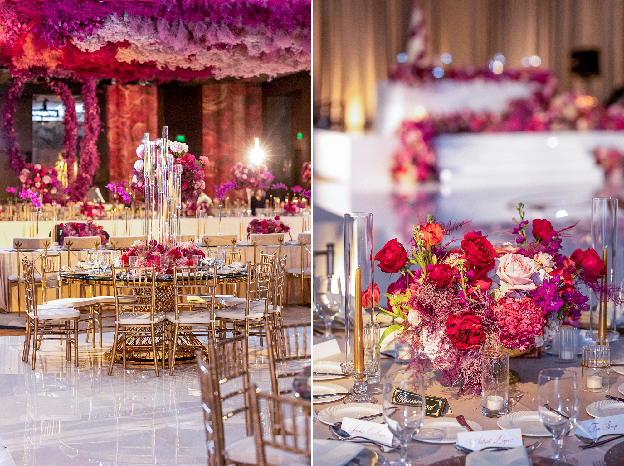 wedding reception with pink floral centerpieces and gold accents at the Omni Frisco at the Star