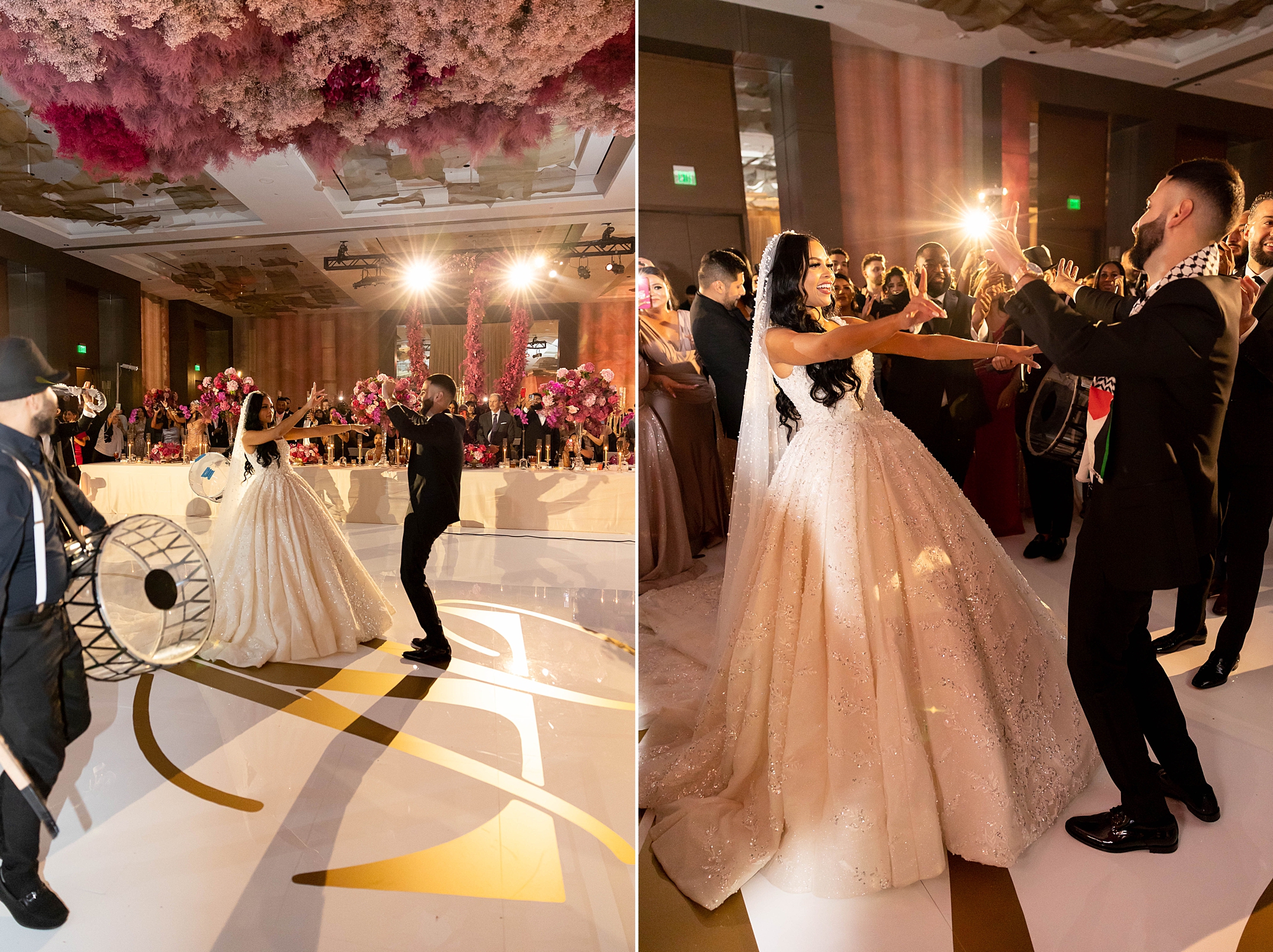 groom twirls bride on dance floor at the Omni Frisco at the Star