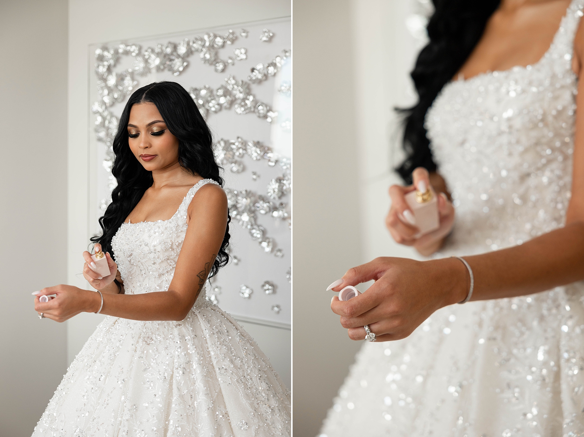 bride sprays perfume on wrist of bride in ball gown